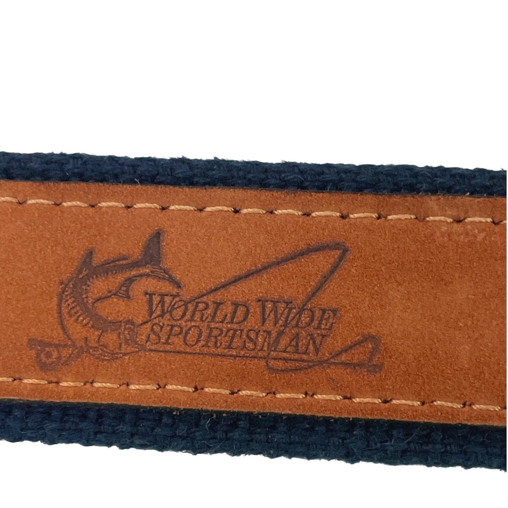World Wide Sportsman Men Belt Leather Embroidered Sailfish 44 Brown Navy Boating - Picture 2 of 5